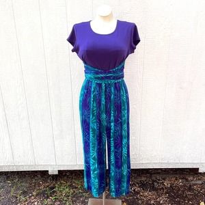 Vintage 80s Jumpsuit Purple Teal Tropical Rayon Crepe Wide Leg Short Sleeve M L